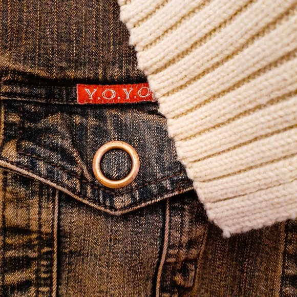 Vintage Earthy Rustic Sweater Jean Jacket Distressed w/brass snaps Sz M EUC - Picture 5 of 8